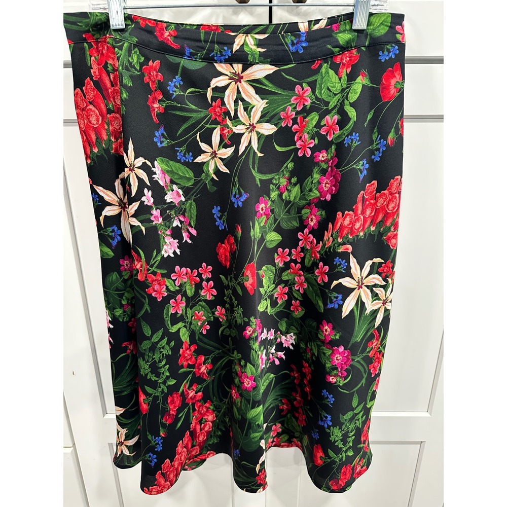 Liz Claiborne Career Floral Midi Skirt Black Pink Green Botanical A-Line Size 10